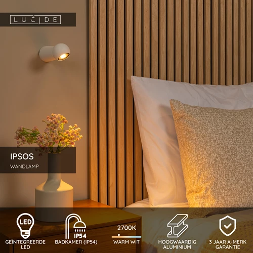 Lucide IPSOS - Wandlamp Badkamer - LED - 1x6W 2700K - IP54 - Wit - USP